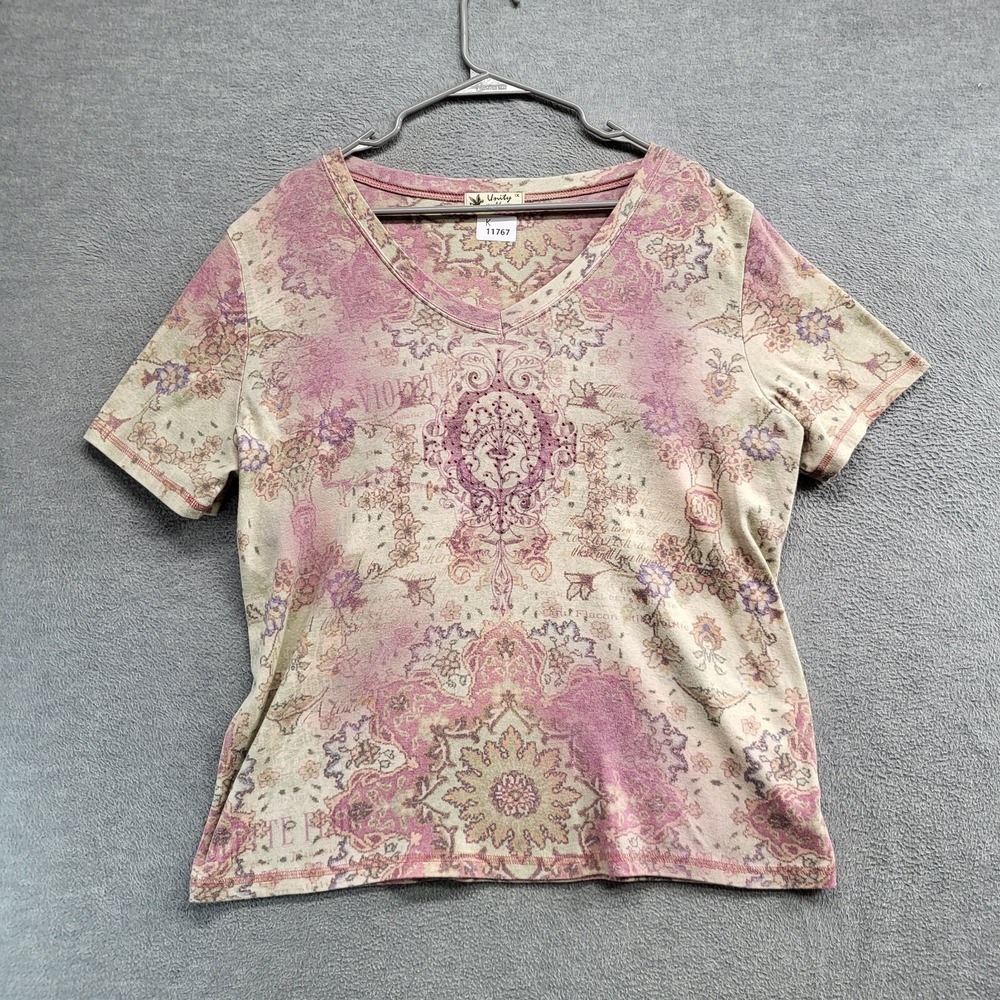 Unity‎ Women Top 1X Pink Tie Dye Floral Shirt Rhinestones Y2K Short Sleeve Tee